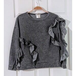 Poof! Distressed Gray Ruffle Sweatshirt Long Sleeve Top‎ Womens Size L NWT